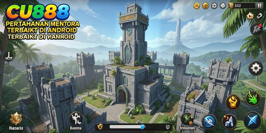 Tampilan menakjubkan gameplay Tower Defense CU888 dengan menara dan musuh yang beragam.