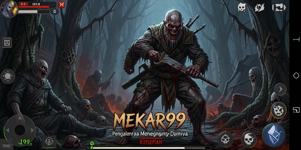 Screenshot gameplay MEKAR99 menampilkan suasana menyeramkan di lorong gelap.